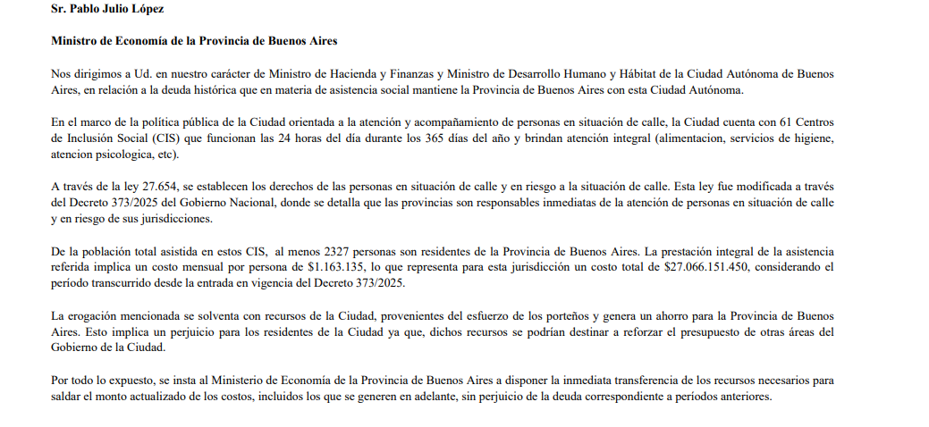El reclamo formal de la Ciudad al gobierno bonaerense de Axel Kicillof.